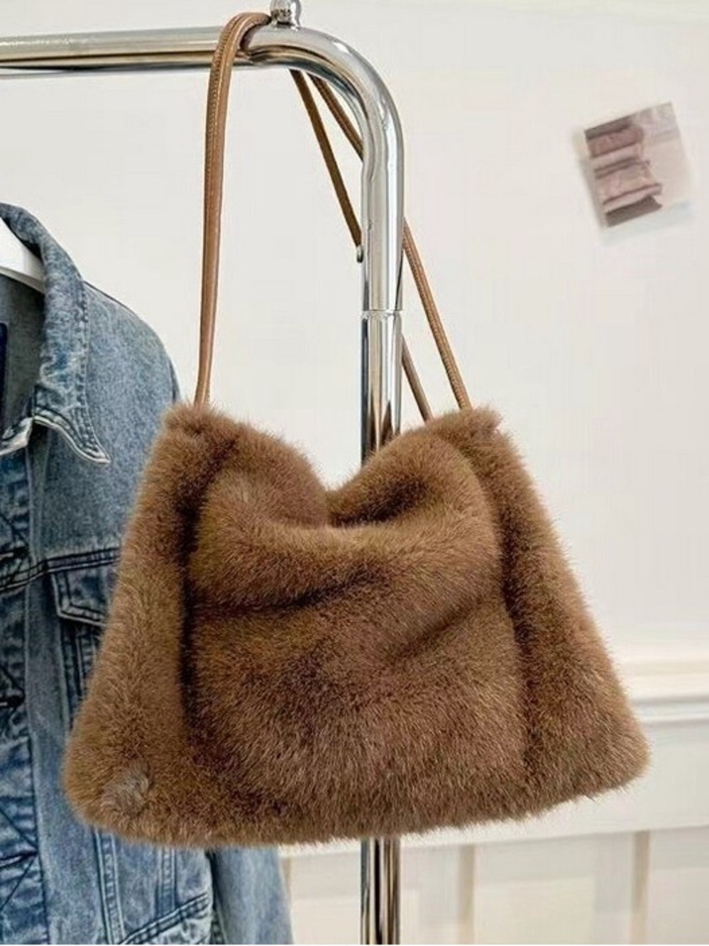 Women Handbag Imitation Mink Plush Bag Large Capacity Shoulder Bag-Brown-NWOT